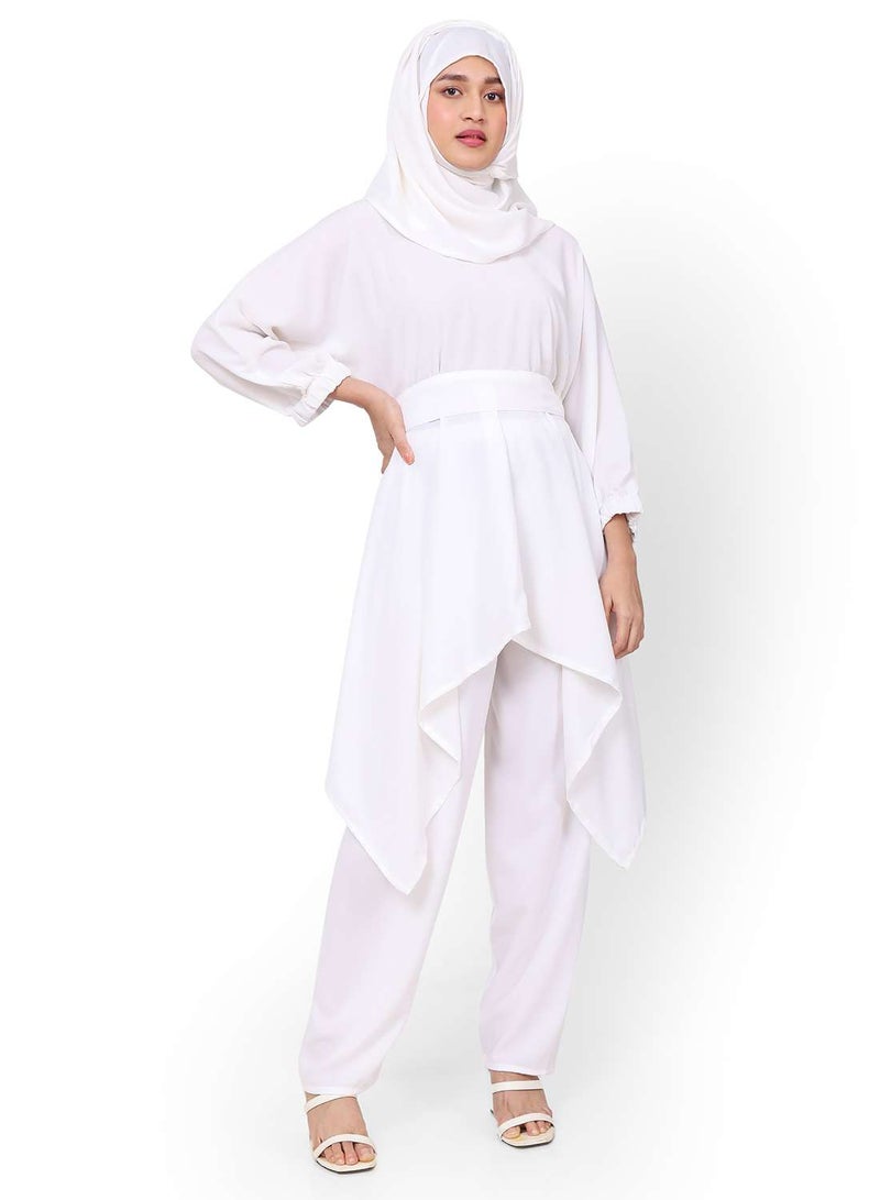 HANA & SARA MODEST TWO PIECE DRESS WITH SCARF AND BELT SOLID COLOUR ARABIC KAFTAN JALABIYA DRESS  - Image 1