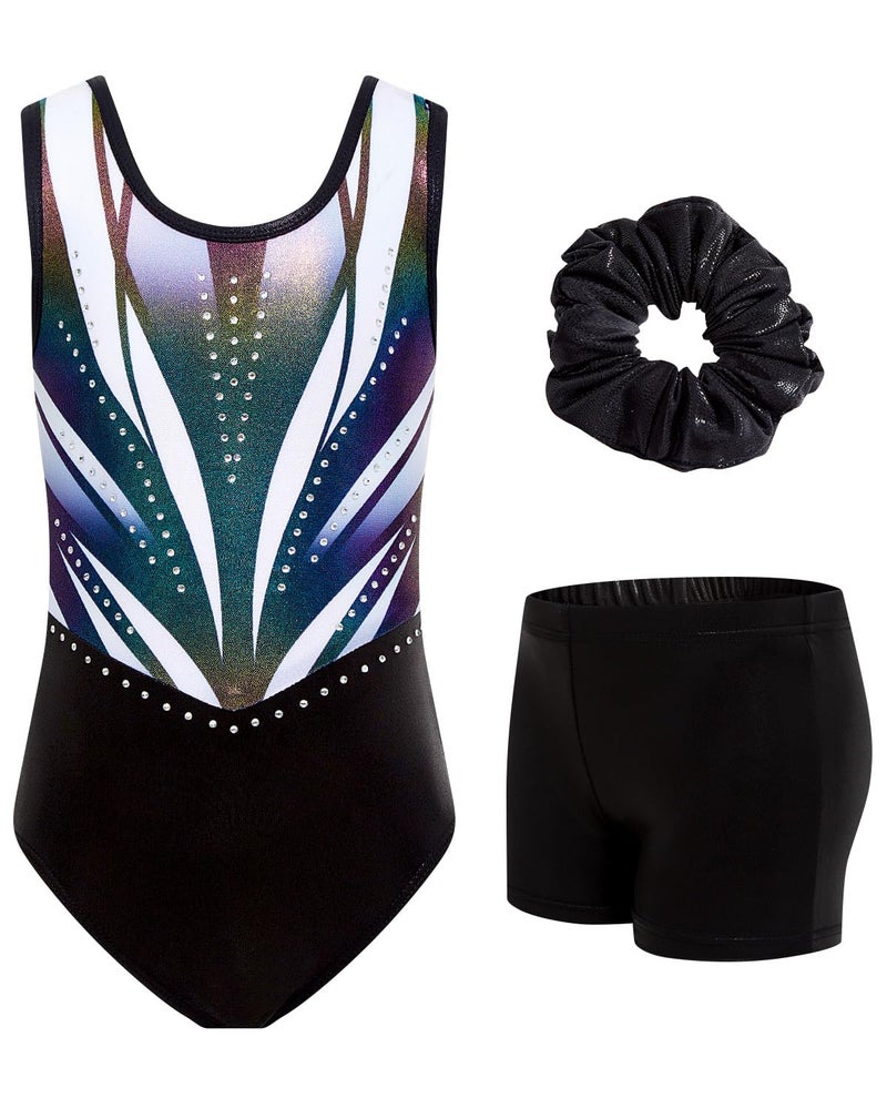 JiAmy Gymnastics Leotards for Girls Kids Sparkly Ballet Dance Outfits with Shorts Scrunchie 3 Piece Set Size 8-9Y - Image 1
