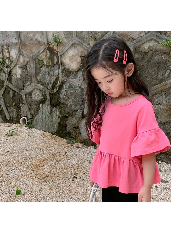 Girls' Short-sleeved Doll Shirt, Solid Color Summer Dress, Korean Style Baby Girl Cotton Bell Sleeves, Ruffled Mid-sleeve Korean Style Loose Top