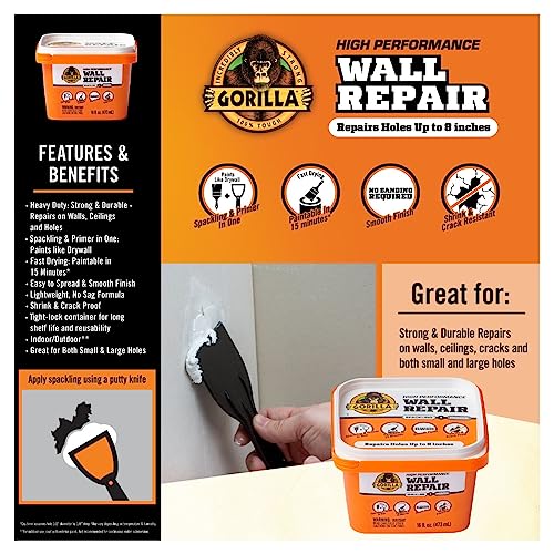 Gorilla Heavy Duty Wall Repair Spackling + Primer, 16 Ounce Tub,White - Image 2