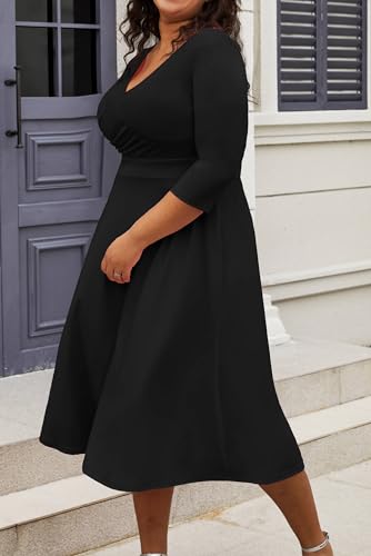 CLOCOR Women's Plus Size Midi Dress 3/4 Sleeve A-Line Swing Dress V Neck Flowy Casual Dresses Black X-Large - Image 3