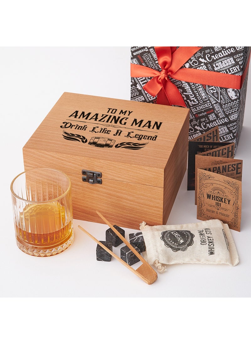 Hediye Sepeti - Gift Basket Gift for a Friend Single Glasgow Whiskey Glass Set with Wooden Box + 4 Cooler Stones Set - Image 1