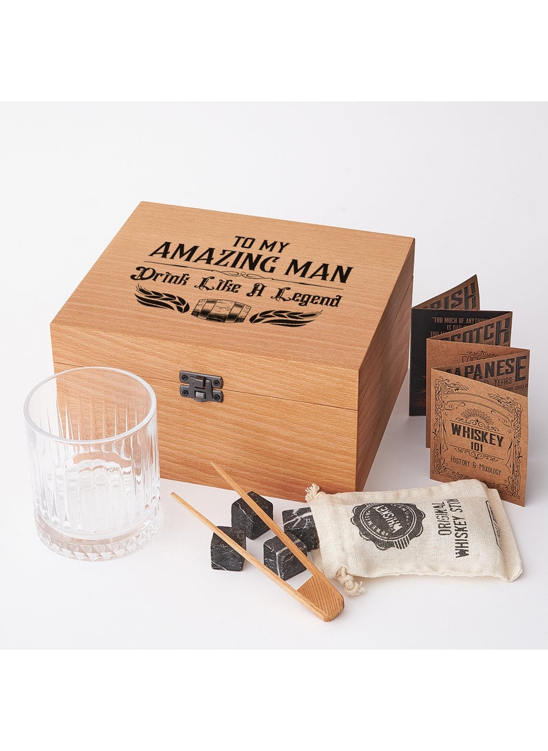 Hediye Sepeti - Gift Basket Gift for a Friend Single Glasgow Whiskey Glass Set with Wooden Box + 4 Cooler Stones Set - Image 1
