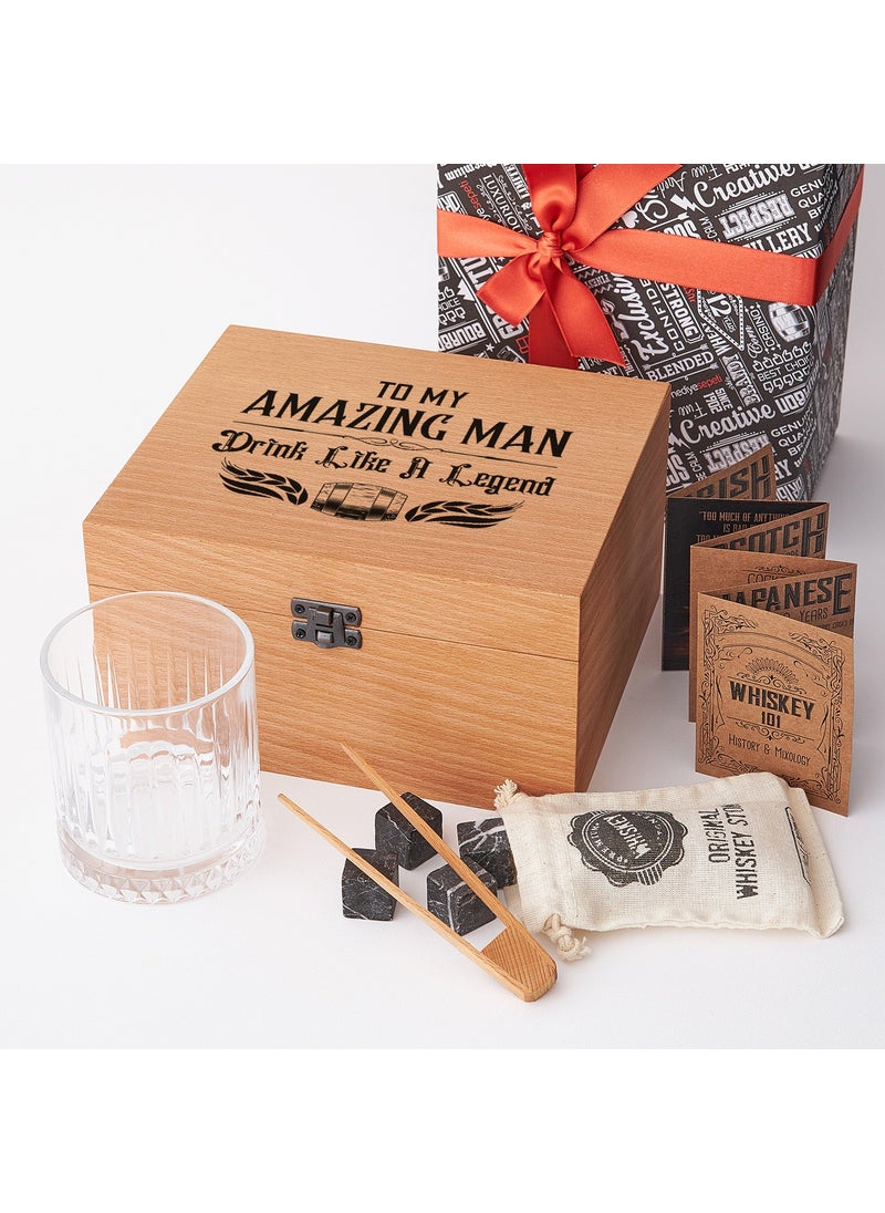 Hediye Sepeti - Gift Basket Gift for a Friend Single Glasgow Whiskey Glass Set with Wooden Box + 4 Cooler Stones Set - Image 1