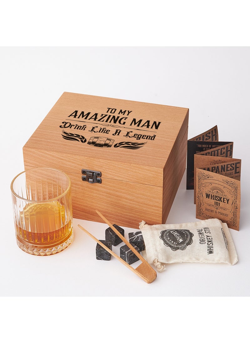 Hediye Sepeti - Gift Basket Gift for a Friend Single Glasgow Whiskey Glass Set with Wooden Box + 4 Cooler Stones Set - Image 1