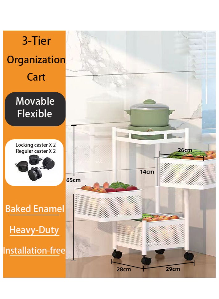 أساسيات يارا رف تخزين المطبخ متعدد الطبقات، رف مطبخ دوار مع 3 عجلات قابلة للتحريك للفواكه والخضروات والأغراض المنزلية باللون الأبيض - Image 1