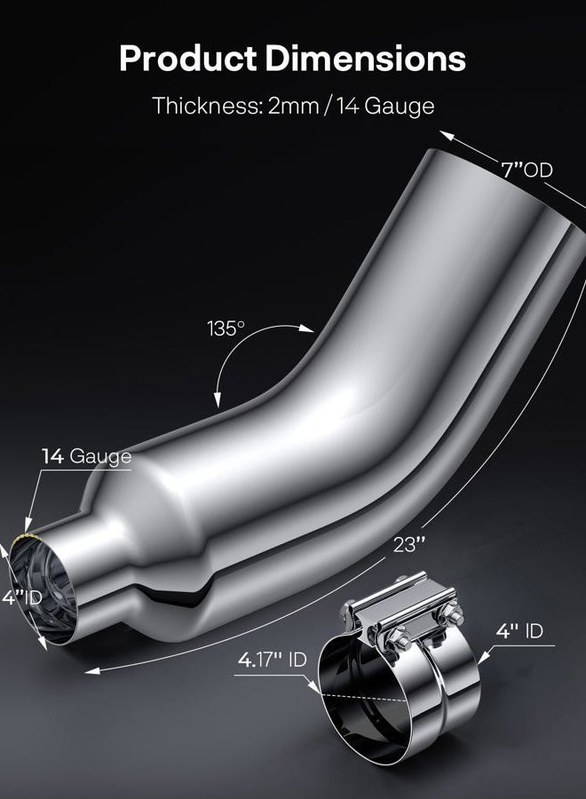 JY PERFORMANCE 4 Inch (ID) Diesel Exhaust Tip Elbow Tip 4'' Inlet 7'' Outlet 23'' Long Chrome Turndown Exhaust Tip with Clamp - Image 3