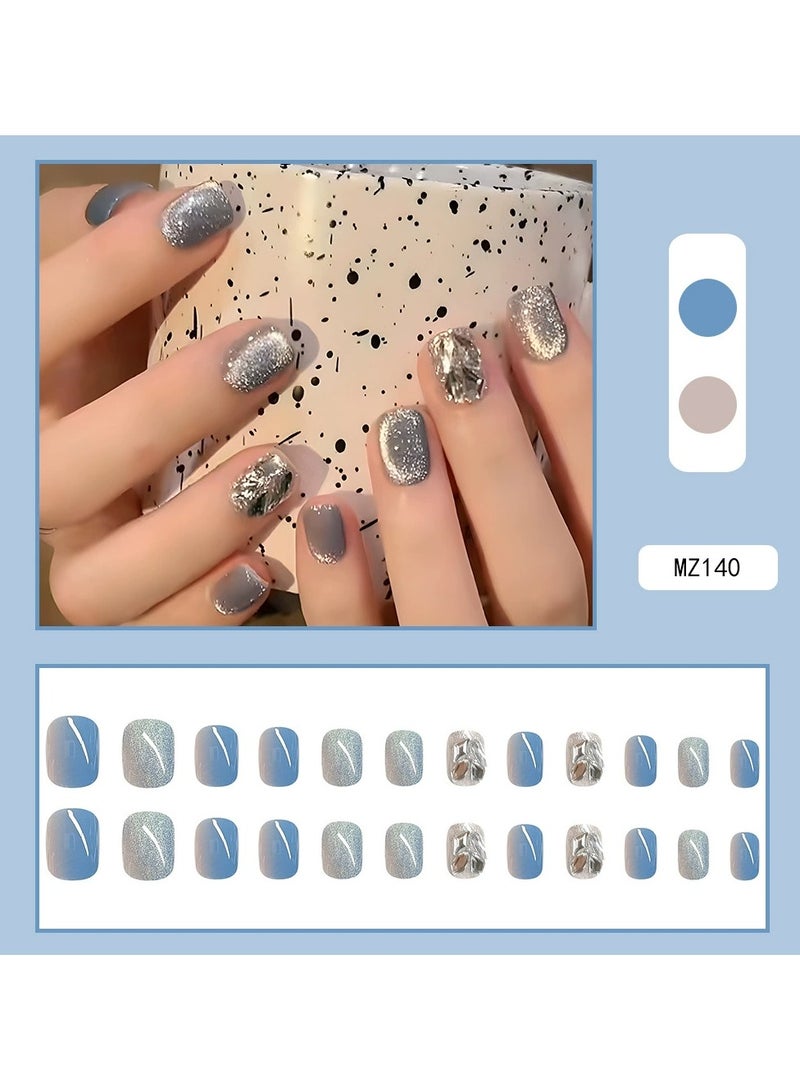 Goolsky Glitter Rhinestone Press On Nails – Cat Eye Fake Nails Blue White Gradient Ins Style 24pcs, Reusable - Image 1