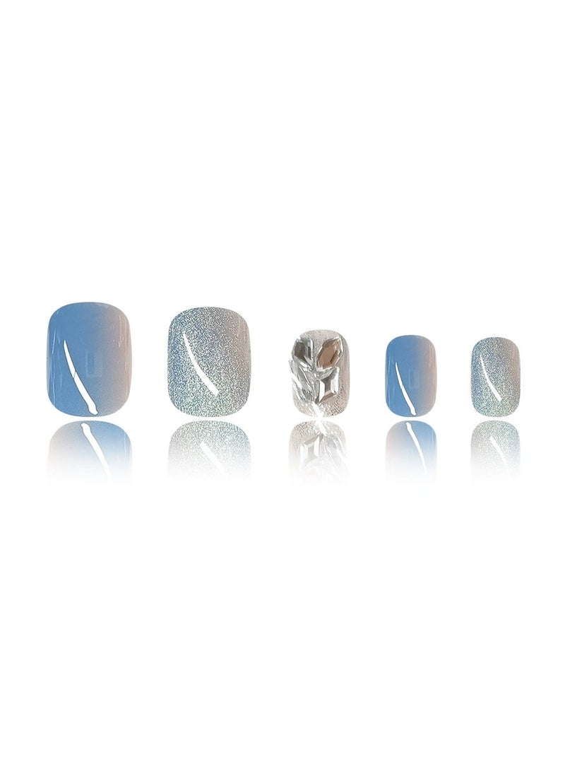 Goolsky Glitter Rhinestone Press On Nails – Cat Eye Fake Nails Blue White Gradient Ins Style 24pcs, Reusable - Image 2