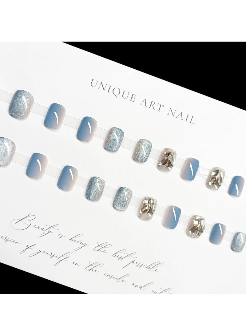 Goolsky Glitter Rhinestone Press On Nails – Cat Eye Fake Nails Blue White Gradient Ins Style 24pcs, Reusable - Image 3
