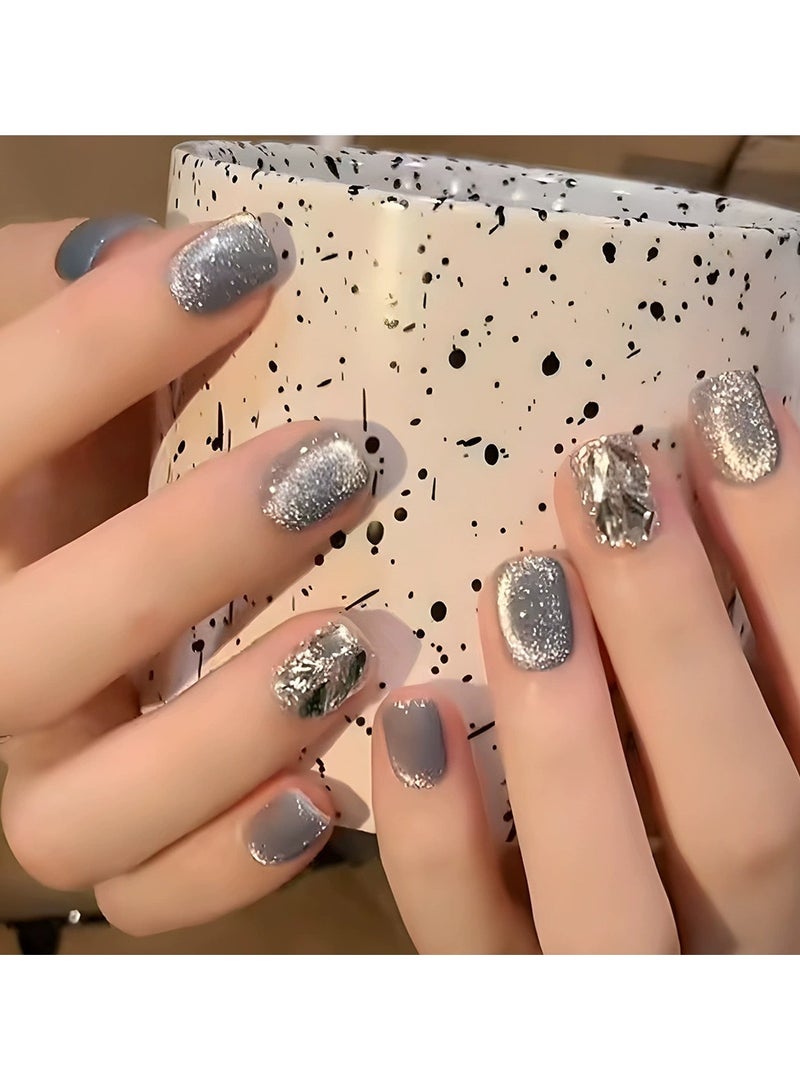 Goolsky Glitter Rhinestone Press On Nails – Cat Eye Fake Nails Blue White Gradient Ins Style 24pcs, Reusable - Image 4