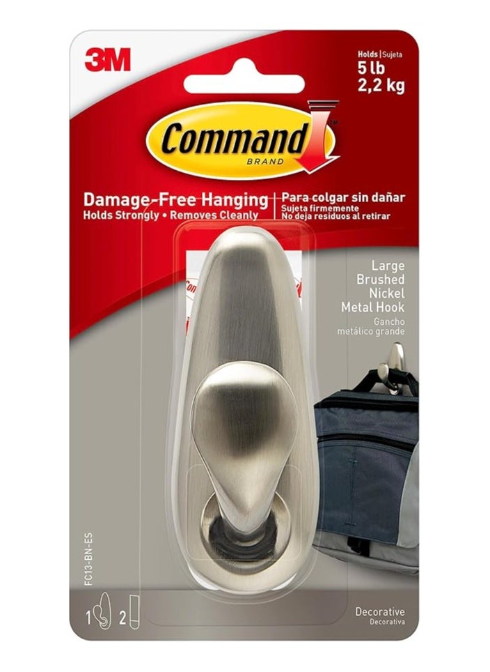 Generic Command Classic Nickel Large Hook Silver color, 1 hook and 2 strips/pack | Holds 2.2 kg each hook | Organize | Decoration | No Tools | Holds Strongly | Damage-Free Hanging 3m  - Image 1