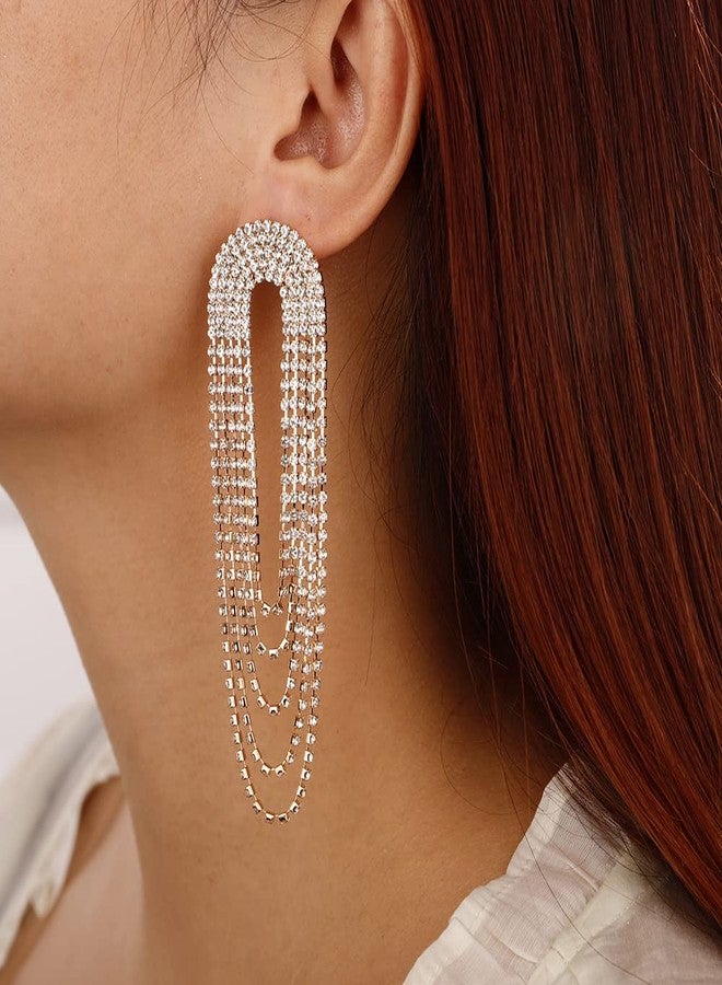 Xerling Full Rhinestones Tassel Earrings Iced Out Circle Hoop Earrings Layered Chain Crystal Bridal Earrings for Wedding Prom Bling Statement Earrings (Gold) - Image 3