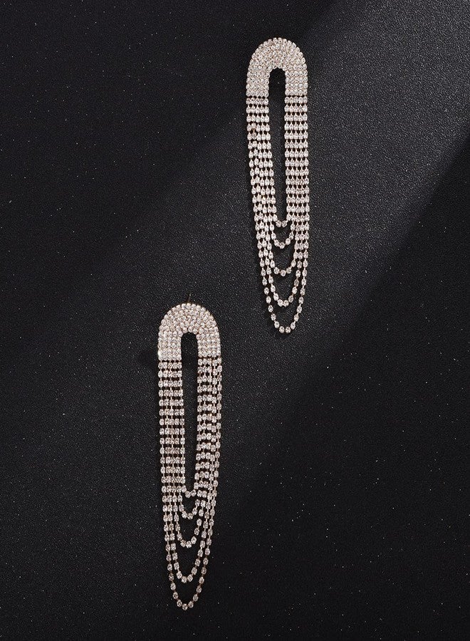 Xerling Full Rhinestones Tassel Earrings Iced Out Circle Hoop Earrings Layered Chain Crystal Bridal Earrings for Wedding Prom Bling Statement Earrings (Gold) - Image 4