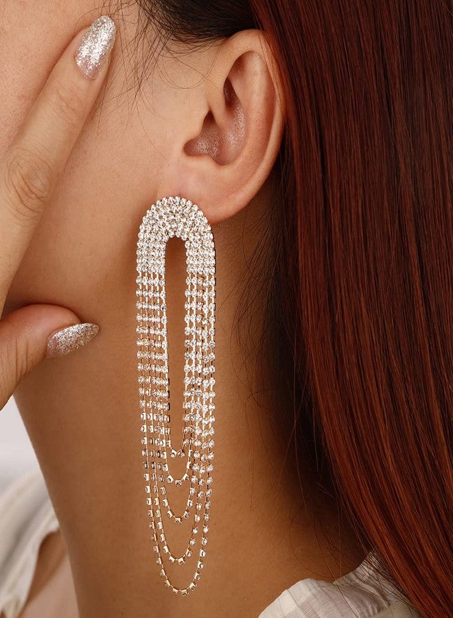Xerling Full Rhinestones Tassel Earrings Iced Out Circle Hoop Earrings Layered Chain Crystal Bridal Earrings for Wedding Prom Bling Statement Earrings (Gold) - Image 2
