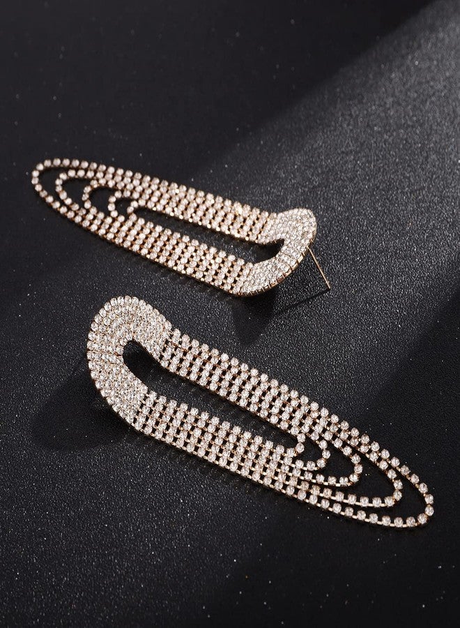 Xerling Full Rhinestones Tassel Earrings Iced Out Circle Hoop Earrings Layered Chain Crystal Bridal Earrings for Wedding Prom Bling Statement Earrings (Gold) - Image 5