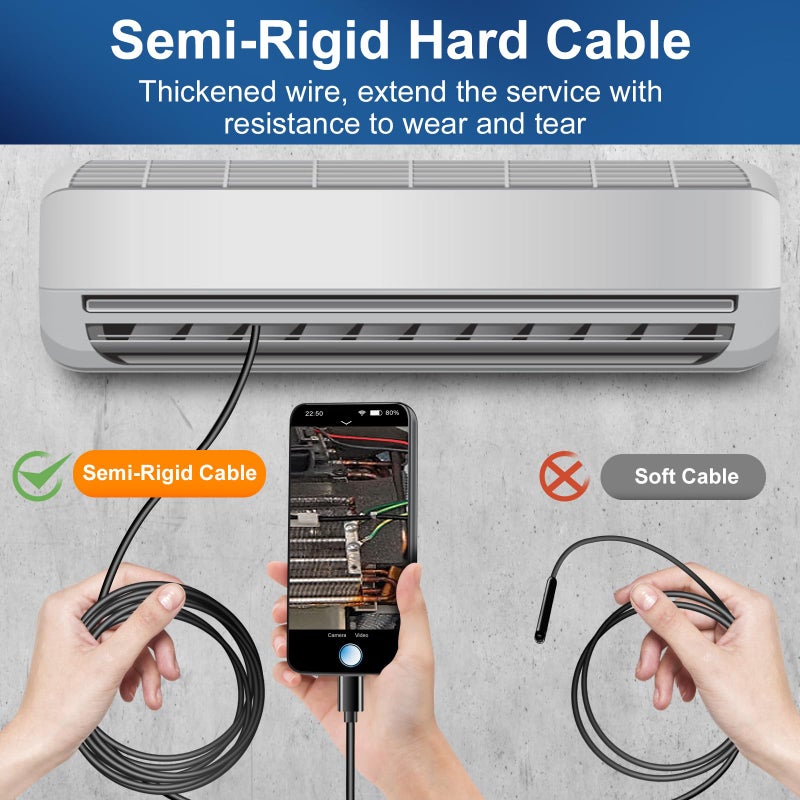 Dual Lens Endoscope Inspection Camera with IP68 Waterproof, 33FT/10M Semi-Rigid Cable, LED Lights, and Android/iOS Compatibility - Image 5