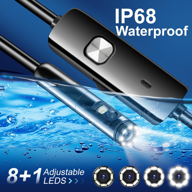 Dual Lens Endoscope Inspection Camera with IP68 Waterproof, 33FT/10M Semi-Rigid Cable, LED Lights, and Android/iOS Compatibility - Image 4
