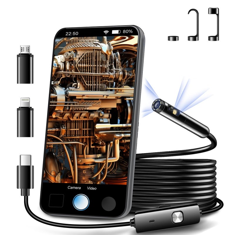 Dual Lens Endoscope Inspection Camera with IP68 Waterproof, 33FT/10M Semi-Rigid Cable, LED Lights, and Android/iOS Compatibility - Image 1