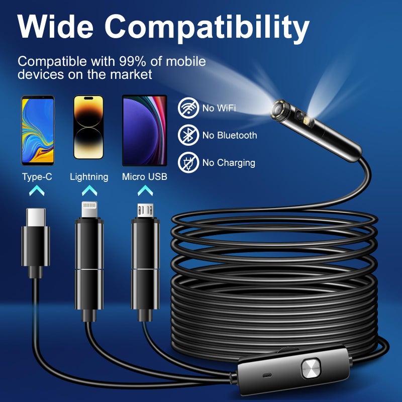 Dual Lens Endoscope Inspection Camera with IP68 Waterproof, 33FT/10M Semi-Rigid Cable, LED Lights, and Android/iOS Compatibility - Image 3