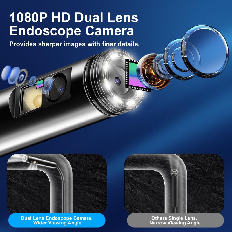 Dual Lens Endoscope Inspection Camera with IP68 Waterproof, 33FT/10M Semi-Rigid Cable, LED Lights, and Android/iOS Compatibility - Image 2