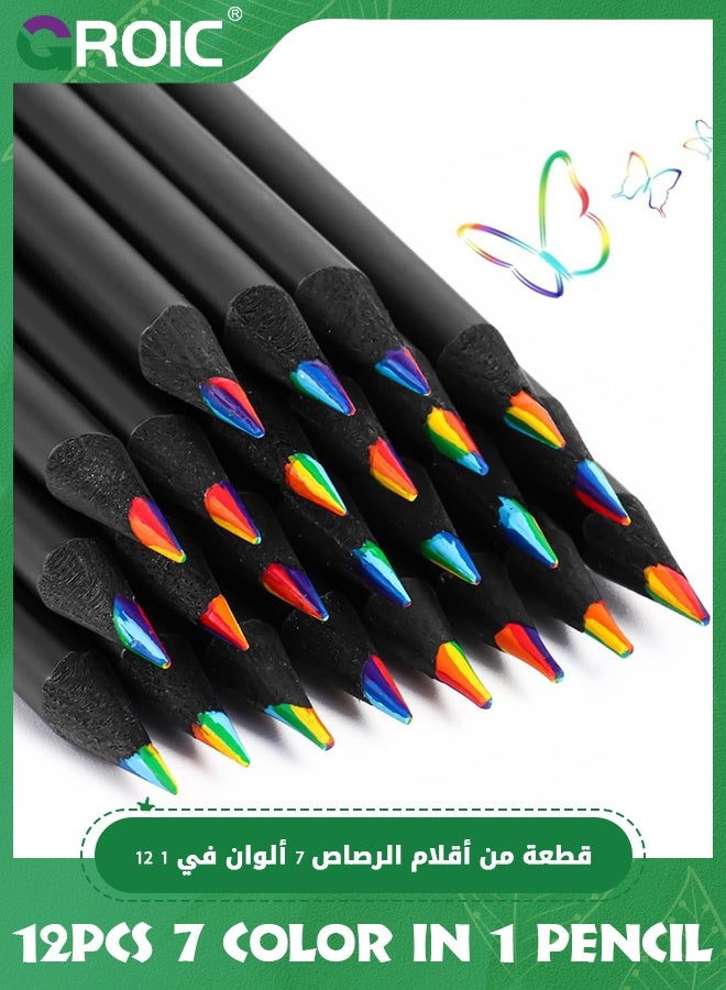 GROIC 12 Pcs Colorful Pencils, 7 Color in 1 Colorful Pencils for Kids, Black Wooden Colorful Colored Pencil, Art Supplies for Kids & Adults - Image 1