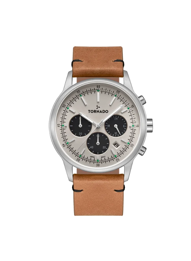 تورنيدو Men's Watch, Multi Function Display and Leather Strap - T24108-SLEI, Beige