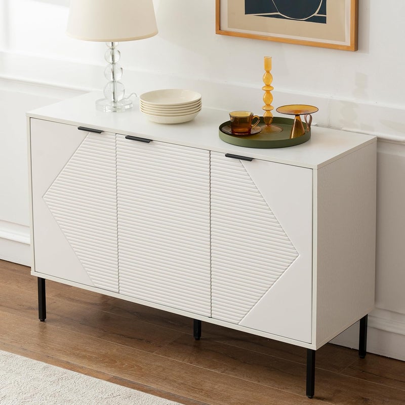 Farmhouse Sideboard Cabinet with 3 Doors, 45.98" Extra Wide Storage Console for Dining Room, Living Room & Hallway, Fluted Design Buffet & TV Stand (White) - Image 1