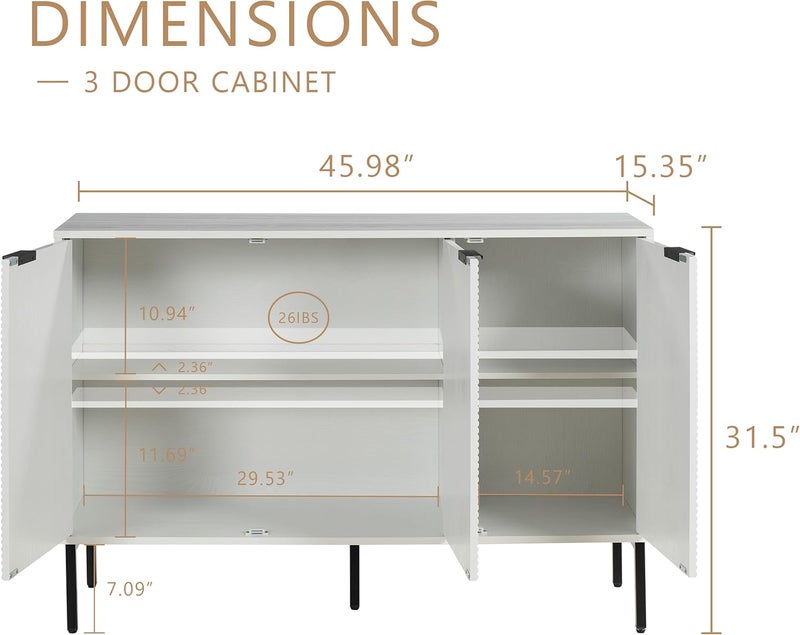 Farmhouse Sideboard Cabinet with 3 Doors, 45.98" Extra Wide Storage Console for Dining Room, Living Room & Hallway, Fluted Design Buffet & TV Stand (White) - Image 2