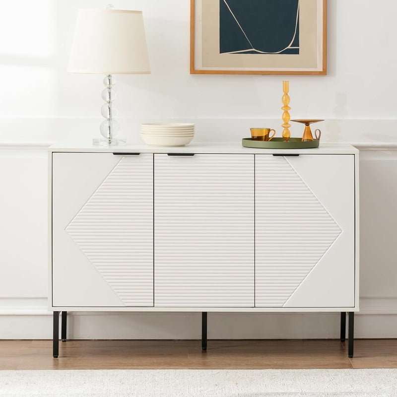 Farmhouse Sideboard Cabinet with 3 Doors, 45.98" Extra Wide Storage Console for Dining Room, Living Room & Hallway, Fluted Design Buffet & TV Stand (White) - Image 3