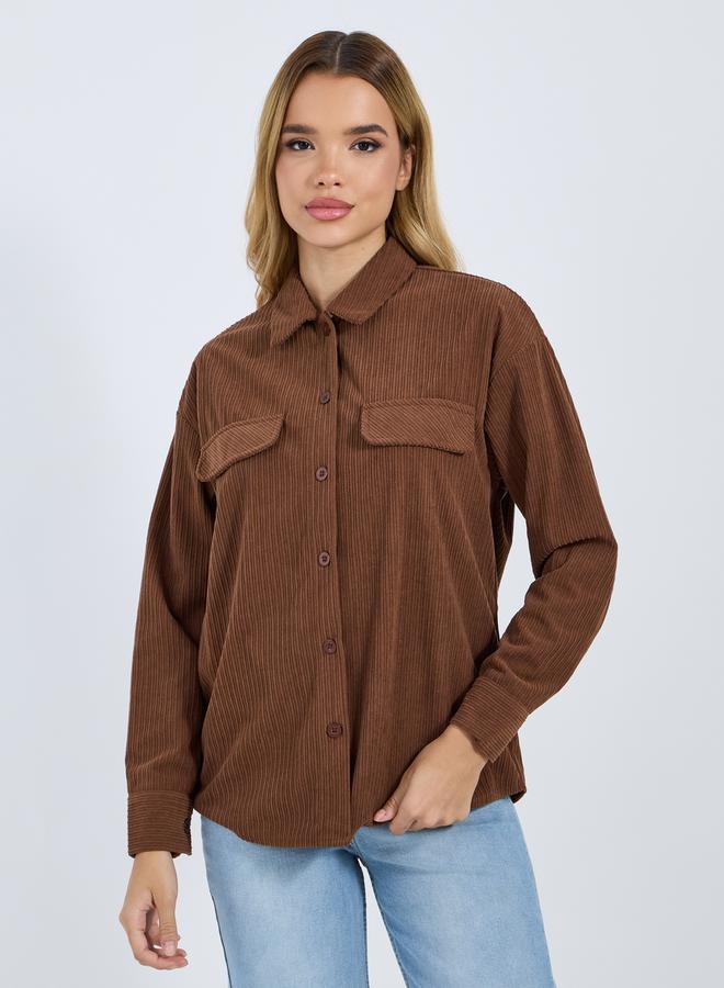 Styli Brown Corduroy Long Sleeve Oversized Shirt  - Image 3