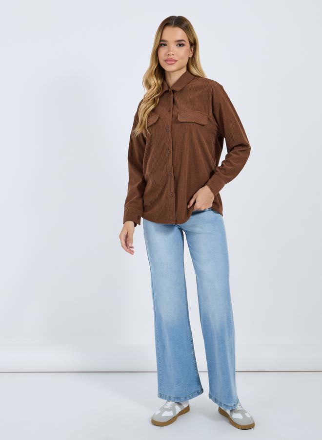 Styli Brown Corduroy Long Sleeve Oversized Shirt  - Image 4