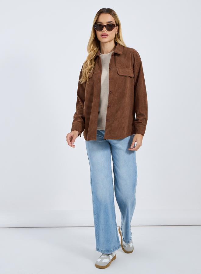 Styli Brown Corduroy Long Sleeve Oversized Shirt  - Image 2