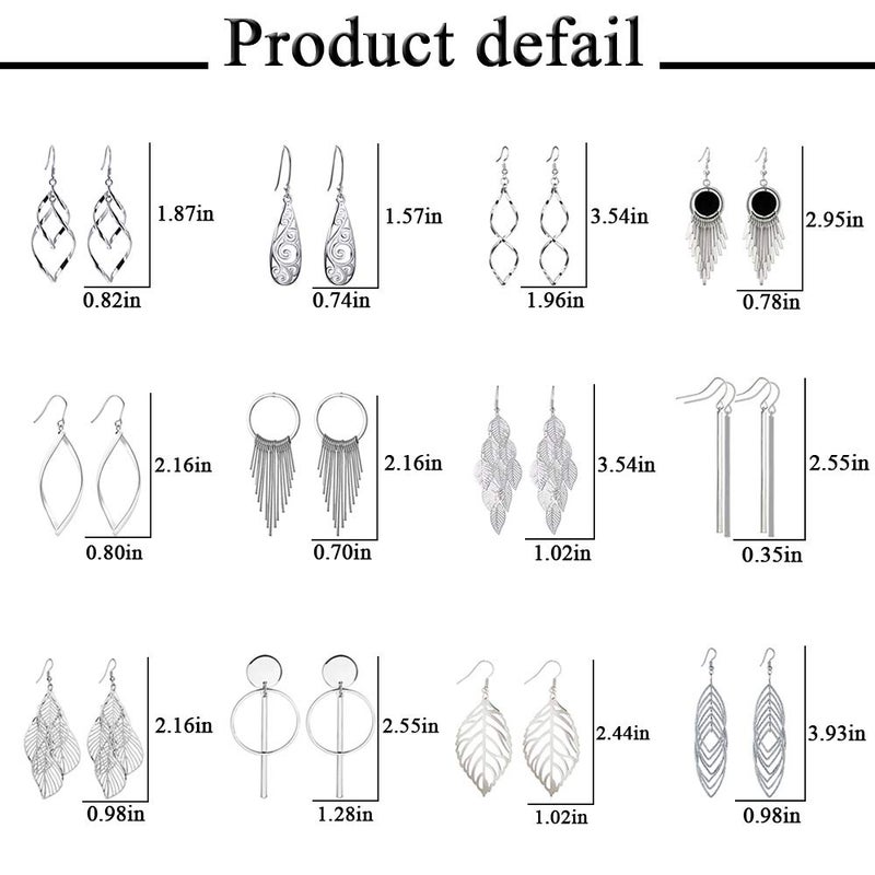 Venianus Silver Dangle Earrings for Women: 12 Pairs Drop Dangle Earrings Boho Fashion Jewelry Vintage Statement Boho Bohemian Earrings Set for Women - Dangling Earrings for Women Trendy Christmas Gifts - Image 3