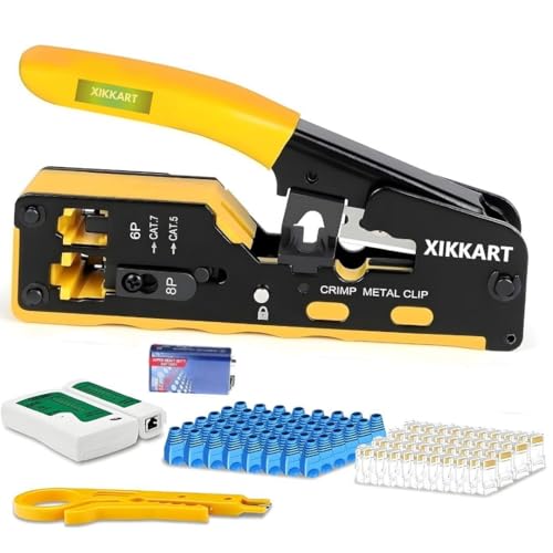 XIKKART RJ45 Crimping Tool Kit – All-in-One Passthrough Ethernet Crimper for Cat5/Cat6/Cat7 – Includes Network Cable Tester with Battery, 10pc Cat6 Pass-Through Connectors & 10pc Boots(Multicolor) - Image 1