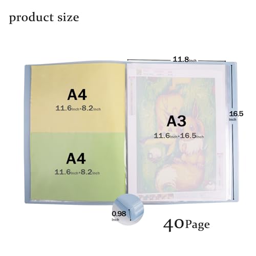 Qunrwe A3 Art Portfolios Case 40 Pages,Diamond Painting Storage Book,Pocket Protector with Index Stickers,11.8 x 16.5 inch Clear Sheet Protectors Portfolio Folder for Artwork,Report,Photo (Blue) - Image 2