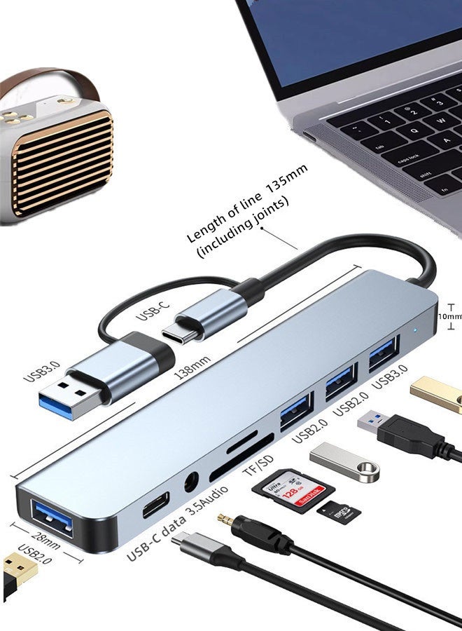 Hubs 8-in-1 USB-C Hub Multiport Adapter,SD/TF Card Reader,3.5mm Audio Jack,Plug-and-Play Functionality with no Drivers Required 2 USB 3.0 Ports Transfer Speed Up to 5Gbps and for Charging,Durable Aluminium Design for Heat Dissipation– Stable Performance and Wide Compatibility with Modern Devices.Compatible with Mac, Android, DSLR,Laptops,and Tablets Perfect for Games,Live Streaming,Office and Travel - Image 1