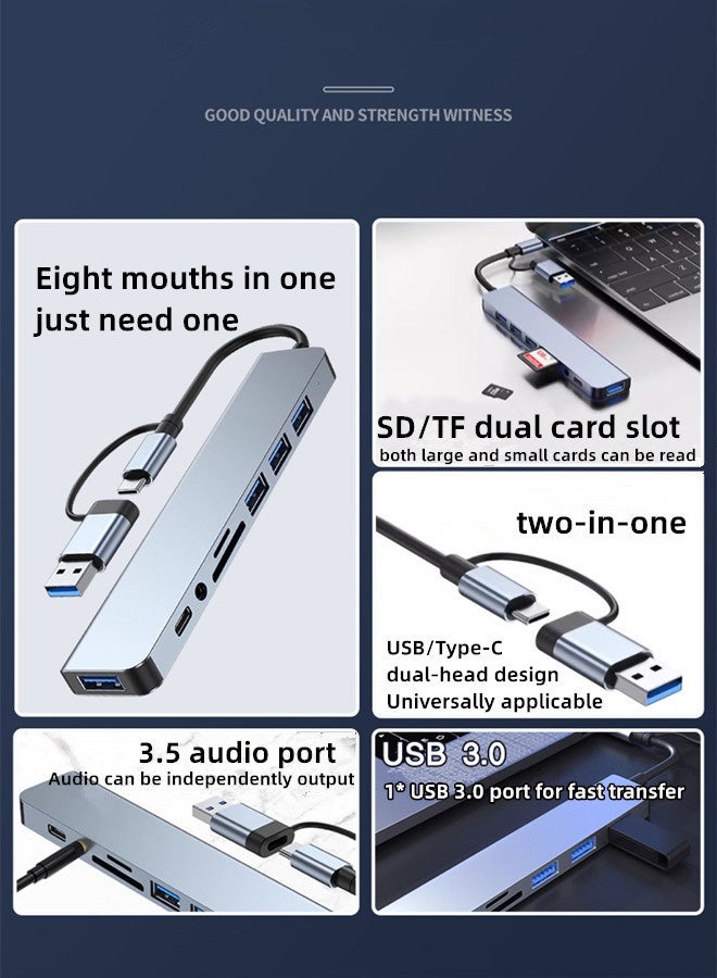Hubs 8-in-1 USB-C Hub Multiport Adapter,SD/TF Card Reader,3.5mm Audio Jack,Plug-and-Play Functionality with no Drivers Required 2 USB 3.0 Ports Transfer Speed Up to 5Gbps and for Charging,Durable Aluminium Design for Heat Dissipation– Stable Performance and Wide Compatibility with Modern Devices.Compatible with Mac, Android, DSLR,Laptops,and Tablets Perfect for Games,Live Streaming,Office and Travel - Image 2
