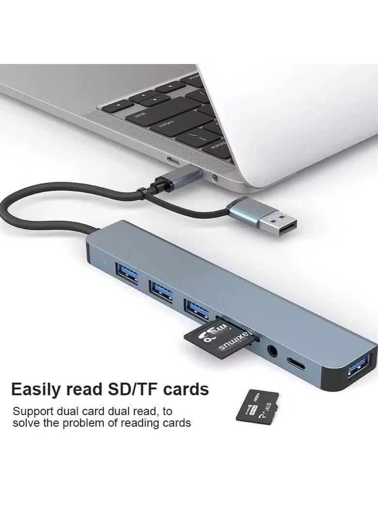 Hubs 8-in-1 USB-C Hub Multiport Adapter,SD/TF Card Reader,3.5mm Audio Jack,Plug-and-Play Functionality with no Drivers Required 2 USB 3.0 Ports Transfer Speed Up to 5Gbps and for Charging,Durable Aluminium Design for Heat Dissipation– Stable Performance and Wide Compatibility with Modern Devices.Compatible with Mac, Android, DSLR,Laptops,and Tablets Perfect for Games,Live Streaming,Office and Travel - Image 5