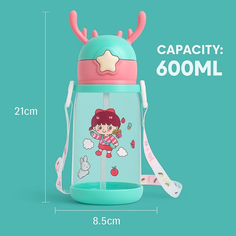 Kids Water Bottle with Cartoon Design - 600ml BPA-Free Tritan, Leak-Proof with Straw & One-Click Lid, Colorful Carry Strap (Green-Dark Pink) - Image 5
