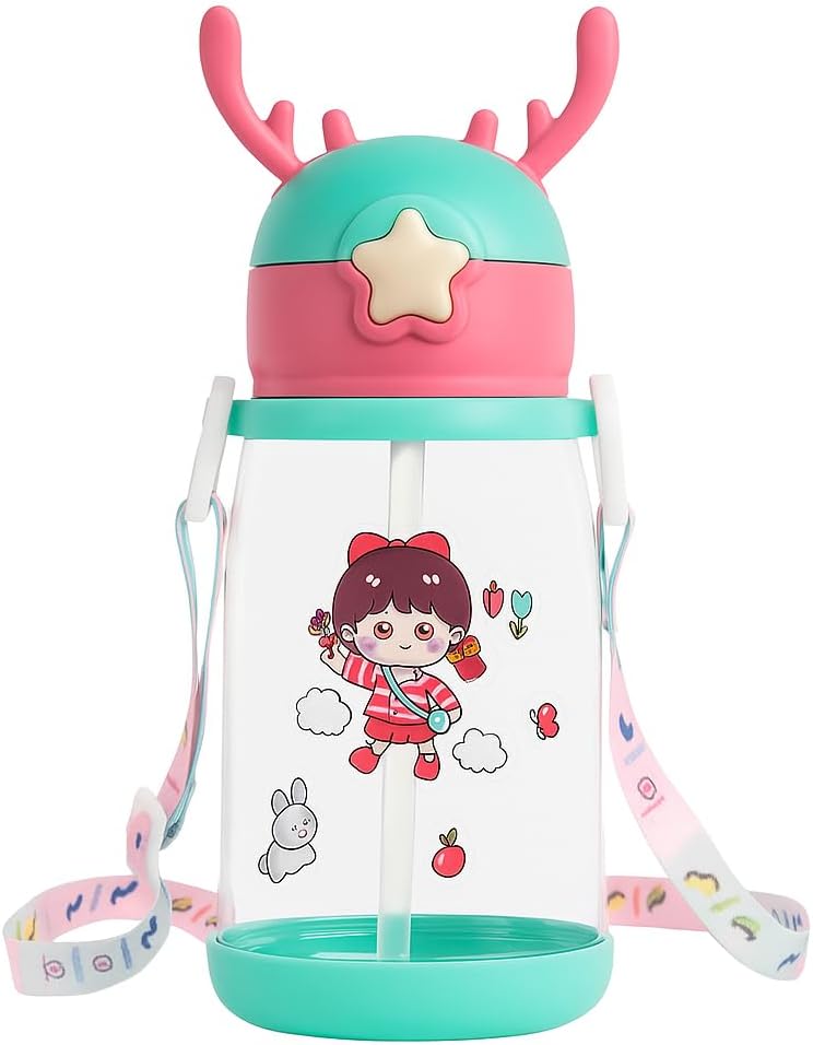 Kids Water Bottle with Cartoon Design - 600ml BPA-Free Tritan, Leak-Proof with Straw & One-Click Lid, Colorful Carry Strap (Green-Dark Pink) - Image 1