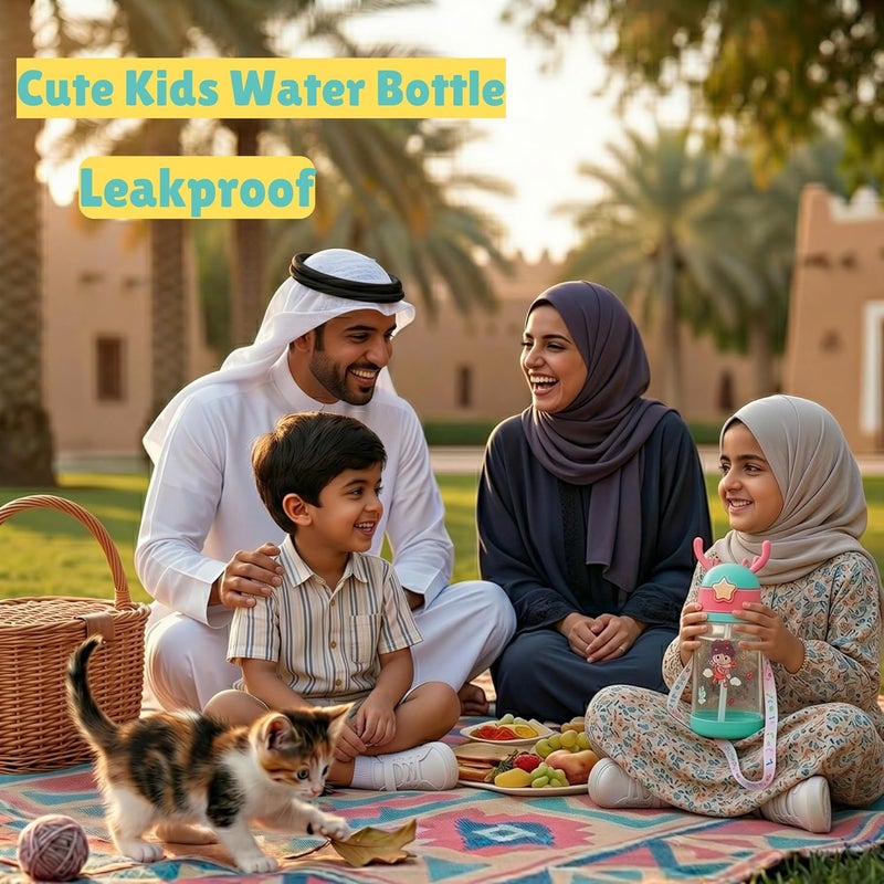 Kids Water Bottle with Cartoon Design - 600ml BPA-Free Tritan, Leak-Proof with Straw & One-Click Lid, Colorful Carry Strap (Green-Dark Pink) - Image 2