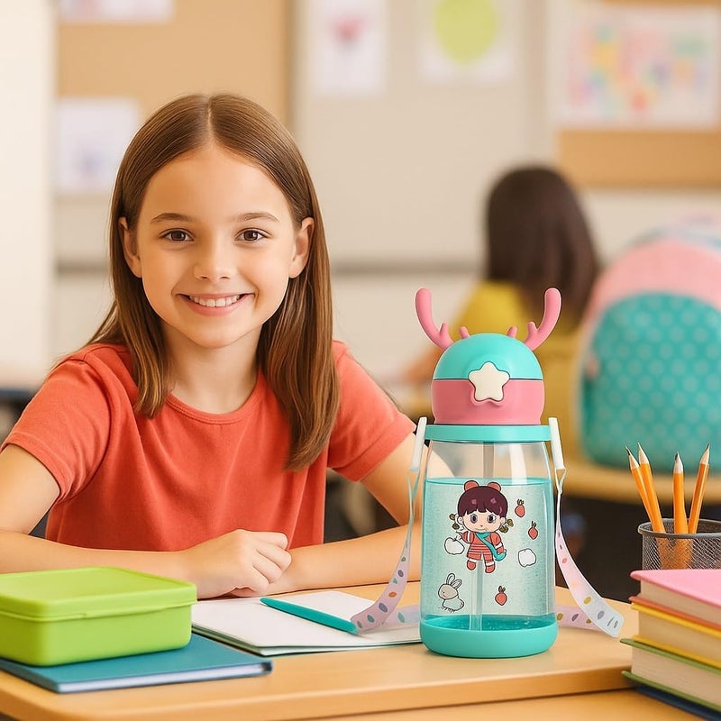 Kids Water Bottle with Cartoon Design - 600ml BPA-Free Tritan, Leak-Proof with Straw & One-Click Lid, Colorful Carry Strap (Green-Dark Pink) - Image 4