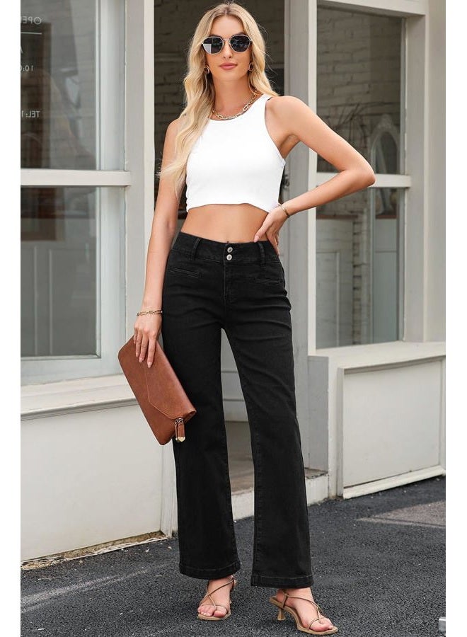 Sidefeel Jeans for Women Trendy High Waisted Stretchy Straight Leg Jeans Tummy Control Loose Denim Pants Black Size 16 - Image 5