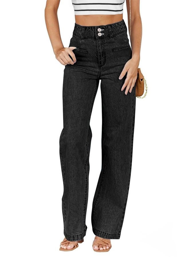 Sidefeel Jeans for Women Trendy High Waisted Stretchy Straight Leg Jeans Tummy Control Loose Denim Pants Black Size 16 - Image 1