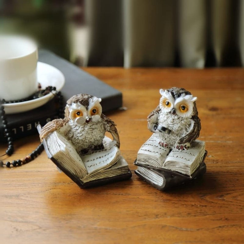 XinTX 2 PCS Owl Statues DecorOwl Reading Book Figurine Cute Crafted Statue for Home Office Room Decoration Animal Sculptures Collection BFF for Owls Lovers
