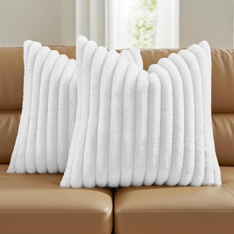 FUTEI Pack of 2 Fluffy Faux Fur Throw Pillow Covers 18x18 Inch Elegant Striped Textured Decorative Cushion Cases Modern Accent Pillow for Couch Bed Living Room, White - Image 1