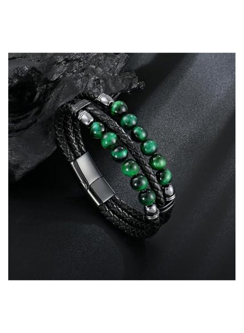 Zikra Mens Leather Bracelet, Mens Leather Braided Tiger Eye Bead Bracelet, Stainless Steel Clasp Cuff Bracelets Gift for Men Him, Adjustable Leather Bracelet, Black Leather Bracelets, for Men Women - Image 5