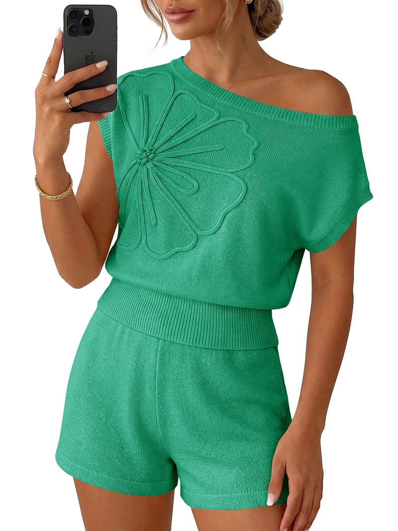 Saodimallsu Womens Off The Shoulder 2 Piece Sweater Sets Short Sleeve Floral Tops Summer Matching Lounge Shorts Set - Image 1