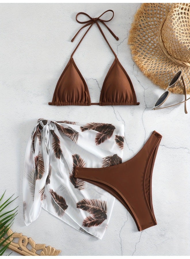 Customized European And American Bikini Three-piece Swimsuit Multi-color Optional Pure Color Swimsuit Printed Gauze Skirt Beach Vacation